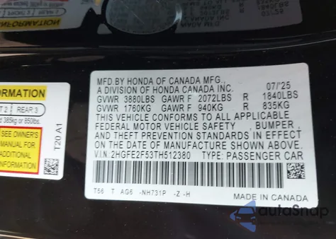 2026 Honda Civic Sport from USA, damaged, VIN 2HGFE2F53TH512380